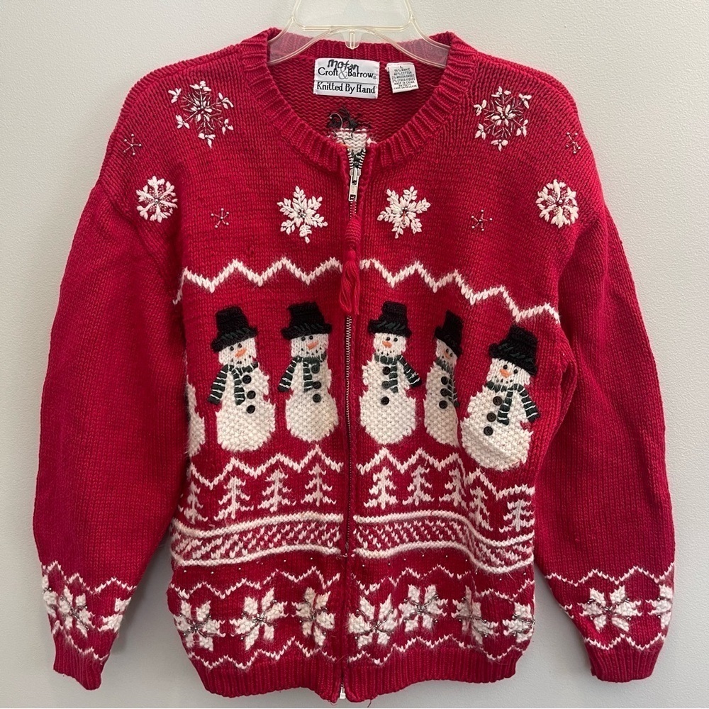 Croft & Barrow Sweater Womens L Hand Knitted Snowman Cardigan Vintage 90’s